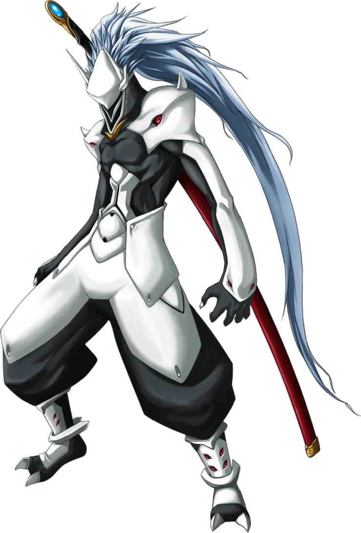 blazblue blue_hair boots claws hakumen highres horns huge_weapon long_hair male mask mori_toshimichi muscle nodachi official_art pose sheath sheathed simple_background skin_tight solo spiked_hair spikes standing sword very_long_hair weapon