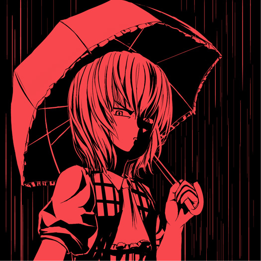 ascot aw bad_id kazami_yuuka monochrome plaid_vest red short_hair touhou umbrella