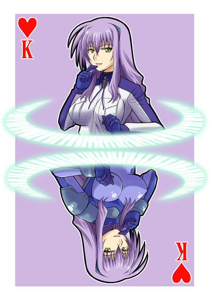 card_(medium) long_hair mahou_shoujo_lyrical_nanoha mahou_shoujo_lyrical_nanoha_strikers numbers numbers_(nanoha) playing_card purple_card purple_hair pzeros uno yellow_eyes