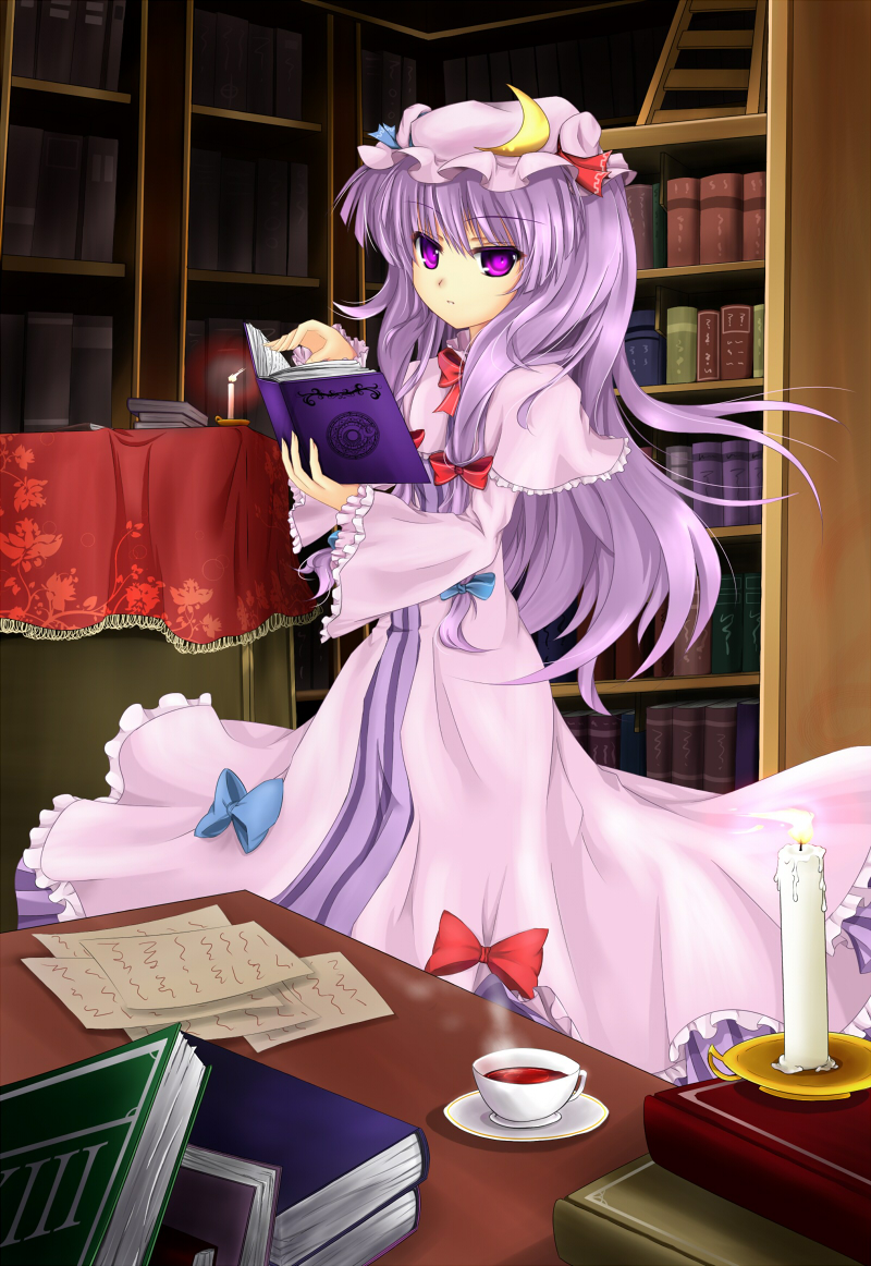 book candlestick crescent long_hair patchouli_knowledge purple_eyes purple_hair solo touhou violet_eyes zzz36951