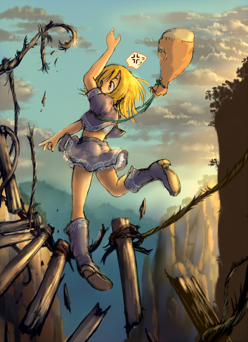 bad_end bag blonde_hair boots bridge canyon child cliff clouds falling loli mountain orange_eyes pixiv62895 rope skirt sky solo surprise