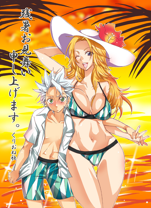 1girl beach bikini bleach blonde_hair blue_eyes breast_press breasts cleavage couple curvy flower green_eyes hand_holding hat hitsugaya_toushirou holding_hands large_breasts long_hair matsumoto_rangiku mole spiked_hair spiky_hair sunset swimsuit thigh_gap translated water white_hair wink yu-ri_(kurione-sha) zanshomimai