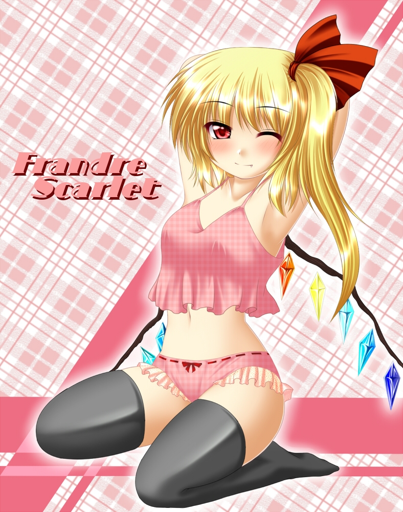 arms_behind_head arms_up blonde_hair bow bow_panties camisole checkered checkered_panties fang flandre_scarlet frilled_panties frills kagura_chitose lingerie panties red_eyes short_hair side_ponytail thigh-highs thighhighs touhou underwear wings wink