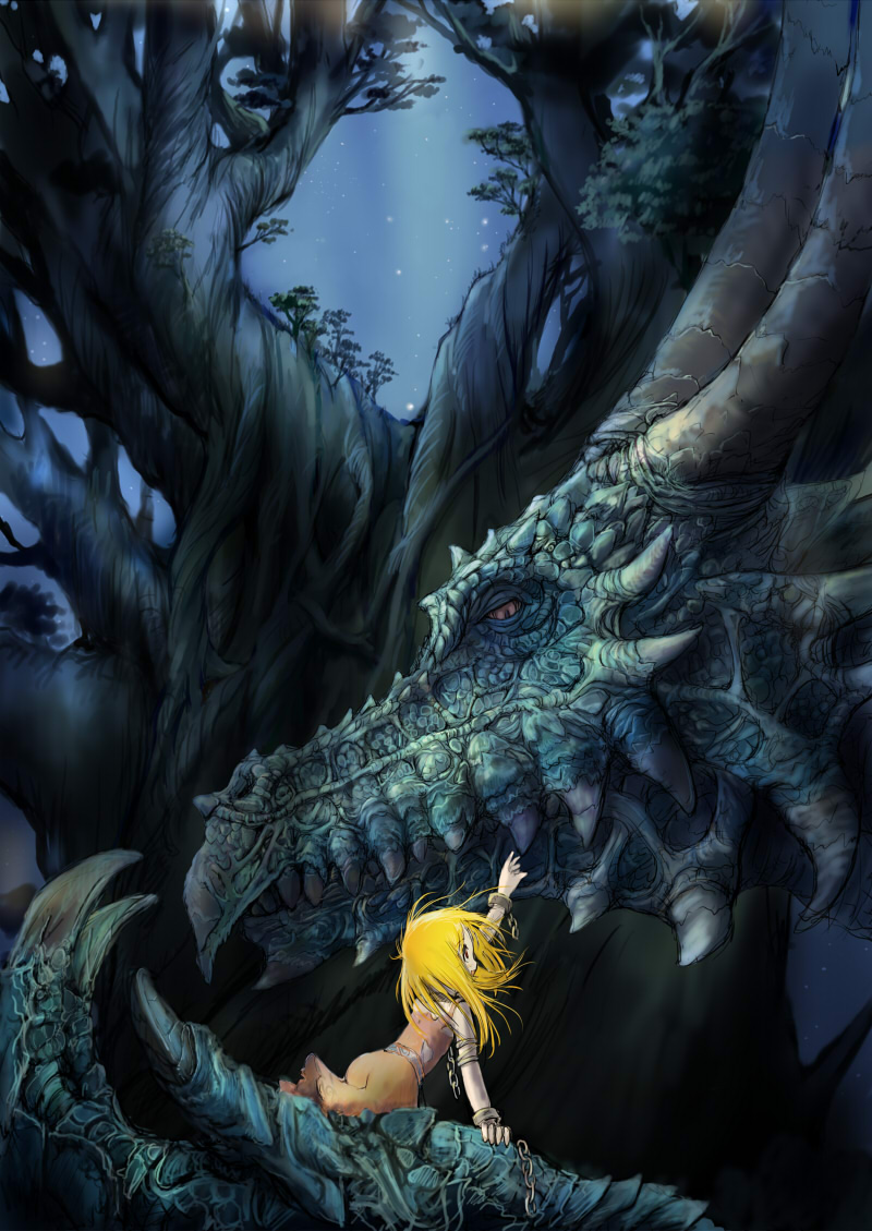 blonde_hair chains child claws dragon fantasy forest loli night pixiv62895 reaching red_eyes sky stars torn_clothes tree