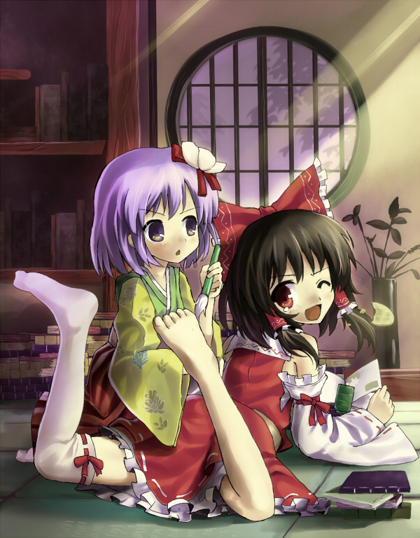 barefoot black_hair bow detached_sleeves feet flower foot_tickling hair_flower hair_ornament hakurei_reimu hidebo hieda_no_akyuu purple_eyes purple_hair red_eyes short_hair single_sock socks thigh-highs thighhighs tickling touhou violet_eyes wink