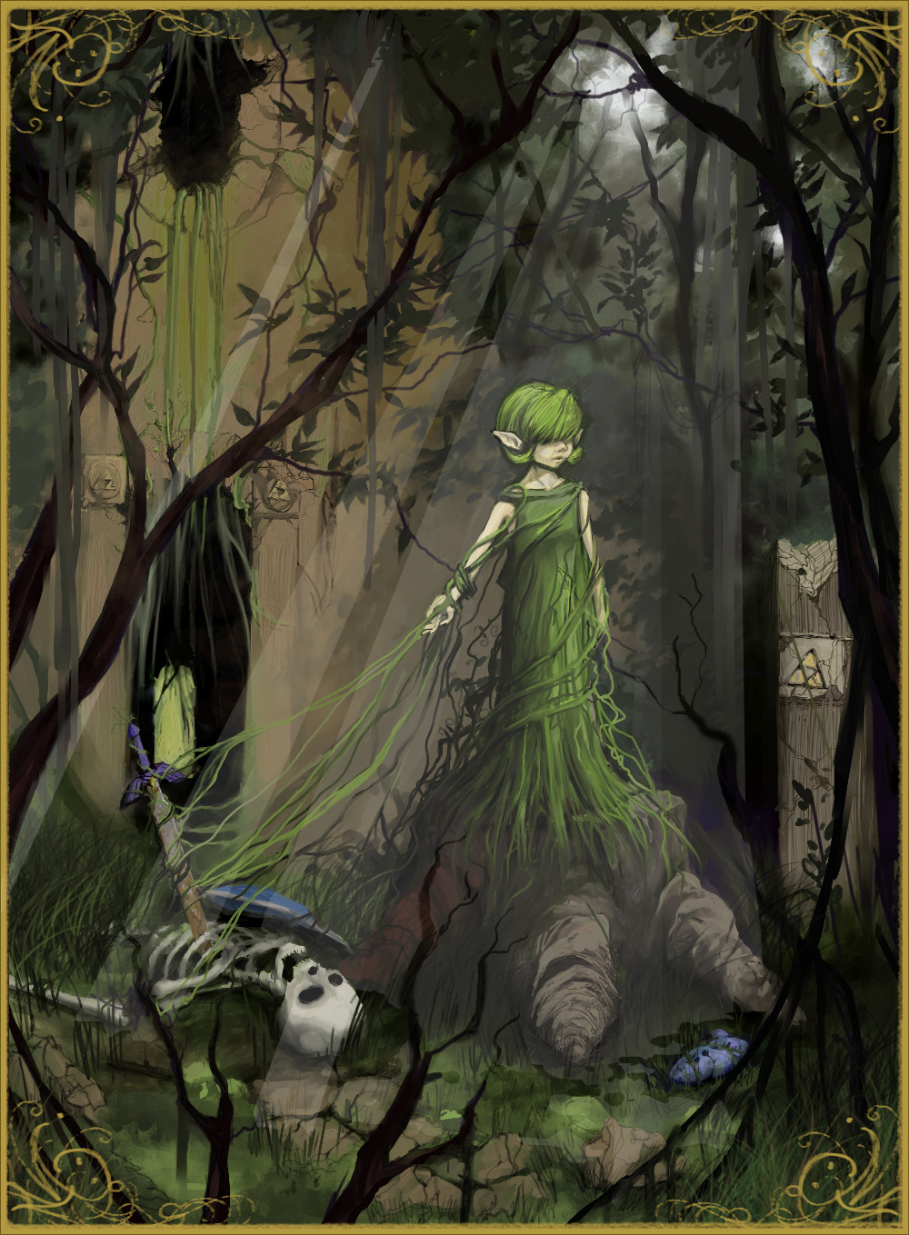 absurdres dark forest green_hair hair_over_eyes highres instrument link master_sword nature ocarina ocarina_of_time overgrown pointy_ears saria shield skeleton sunbeam sword th01 the_legend_of_zelda tree tree_stump triforce vines weapon