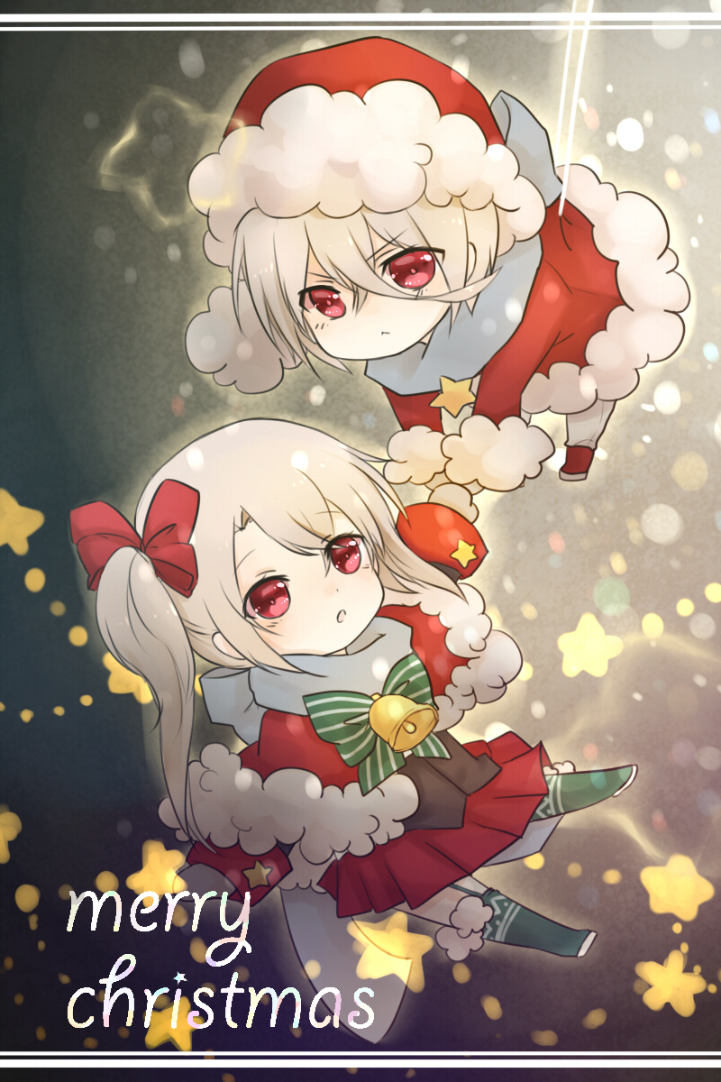 bell brother_and_sister capelet chibi frey_(machine-doll) hat highres machine-doll_wa_kizutsukanai merry_christmas red_eyes ribbon santa_costume santa_hat siblings side_ponytail star thigh-highs white_hair zettai_ryouiki