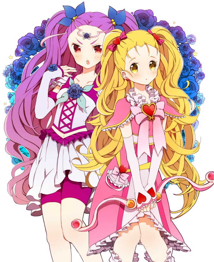 &gt;:o 2girls :o arm_warmers bike_shorts blonde_hair blue_rose blush bow collarbone crossover dress earrings eyelashes flower frilled_dress frilled_sleeves frills futari_wa_precure futari_wa_precure_max_heart hair_ornament heart jewelry kujou_hikari long_hair magical_girl midriff milk_(yes!_precure_5) milky_rose mimino_kurumi multiple_girls navel open_mouth pink_dress pink_eyes precure purple_hair ribbon rose shiny_luminous shorts_under_skirt simple_background smile twintails very_long_hair violet_eyes wavy_hair white_background yellow_eyes yes!_precure_5 yes!_precure_5_gogo!