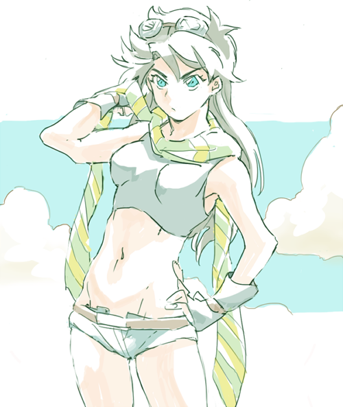 1girl black_hair blue_eyes fingerless_gloves genderswap gloves goggles goggles_on_head green_hair jojo_no_kimyou_na_bouken joseph_joestar_(young) kirikabu-yume long_hair midriff scarf short_shorts shorts solo