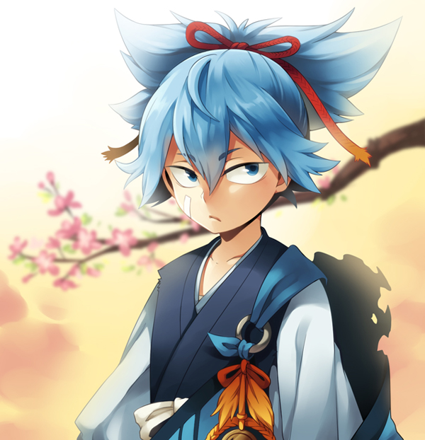 1boy blue_eyes blue_hair bust cr72 japanese_clothes male_focus sayosamonji_(touken_ranbu) solo touken_ranbu tree