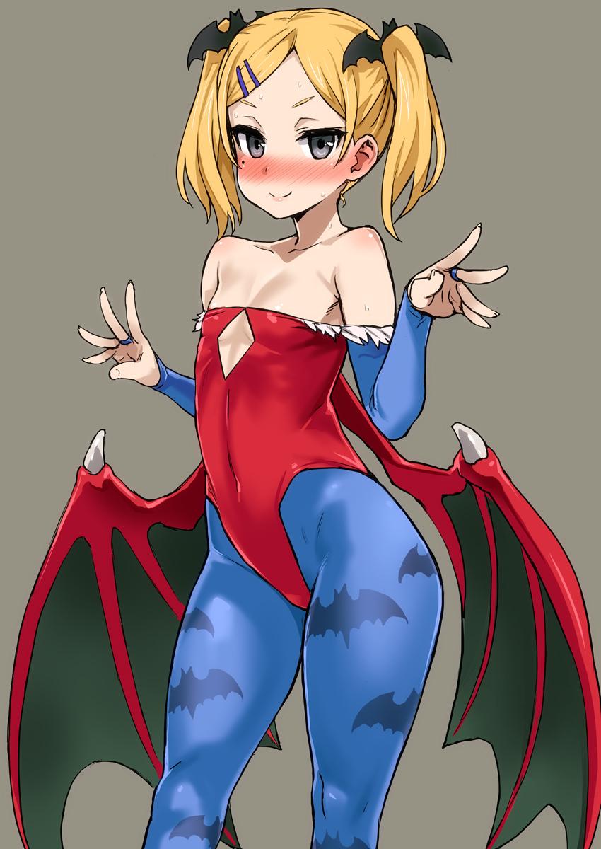 1girl asanagi bare_shoulders bat_hair_ornament bat_print blonde_hair blue_legwear blush breasts bridal_gauntlets cleavage cosplay covered_navel darkstalker demon_girl demon_wings hair_ornament hairclip highleg highleg_leotard highres jpeg_artifacts leotard lilith_aensland lilith_aensland_(cosplay) low_wings mole mole_under_eye pantyhose print_legwear shirobako simple_background small_breasts solo strapless_leotard succubus sweat twintails under_boob underboob_cutout wings yano_erika