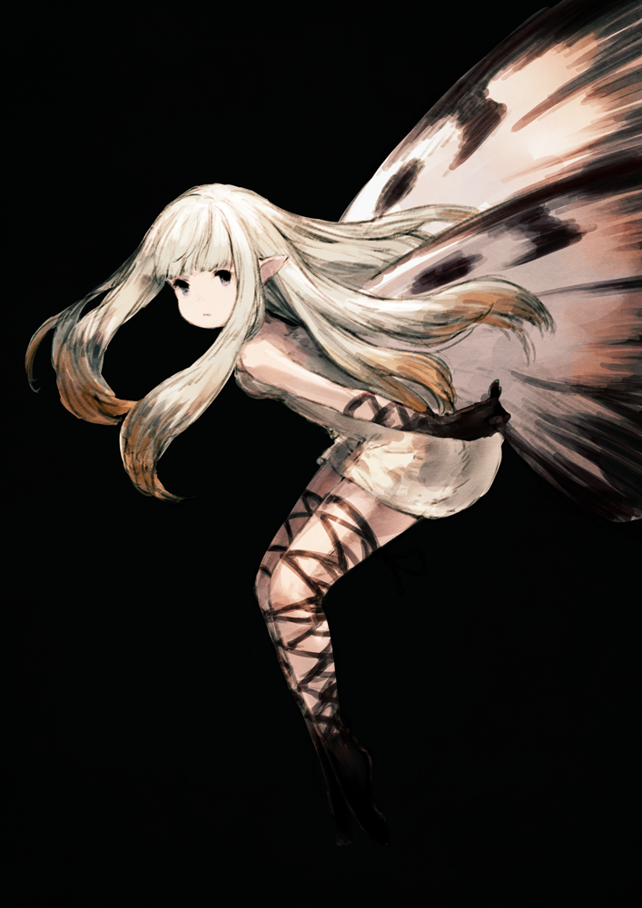1girl aerie_(bravely_default) bravely_default:_flying_fairy butterfly_wings dress elbow_gloves fairy gloves junwool long_hair looking_at_viewer pointy_ears simple_background solo white_hair wings