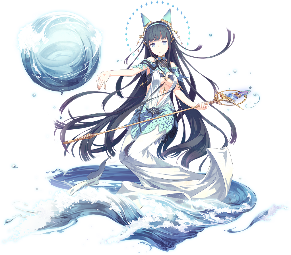 1girl bangs bare_shoulders black_hair blue_eyes blunt_bangs breasts cleavage dress full_body h2so4 hairband headgear long_hair outstretched_arm payot solo staff transparent_background very_long_hair white_dress