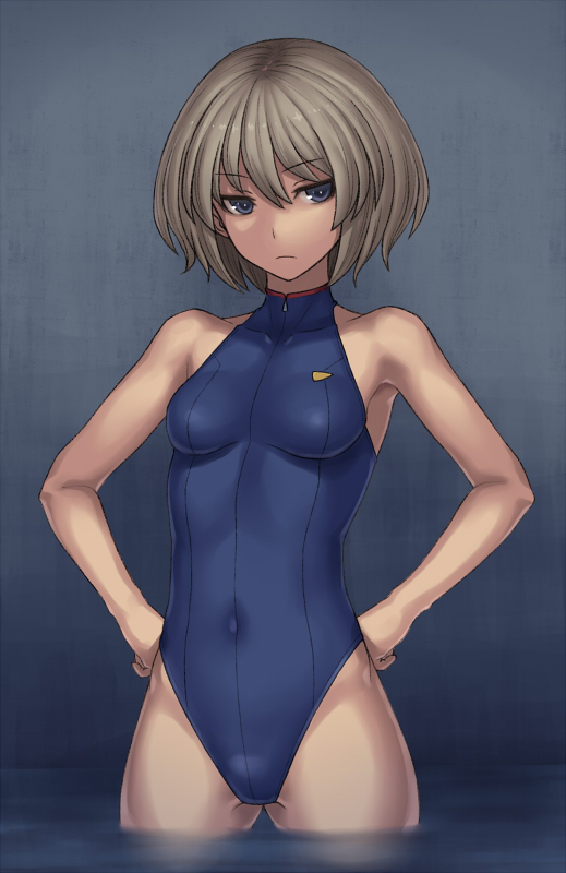 1girl bare_shoulders blue_eyes bob_cut brown_hair covered_navel hair_between_eyes hands_on_hips katagiri_(a1466502) one-piece_swimsuit original short_hair solo swimsuit wading