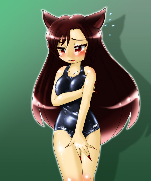 1girl animal_ears blush breast_hold breasts brown_hair collarbone embarrassed fingernails green_background imaizumi_kagerou long_hair looking_away nail_polish open_mouth red_eyes school_swimsuit simple_background solo swimsuit touhou winn wolf_ears