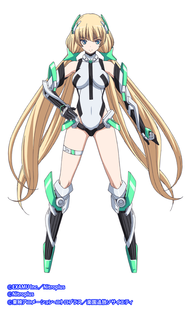 1girl angela_balzac bare_shoulders blonde_hair blue_eyes bodysuit breasts covered_navel elbow_gloves expelled_from_paradise gloves headgear large_breasts leotard long_hair low_twintails nitro+_blasterz nitroplus official_art smile solo thigh_strap twintails very_long_hair