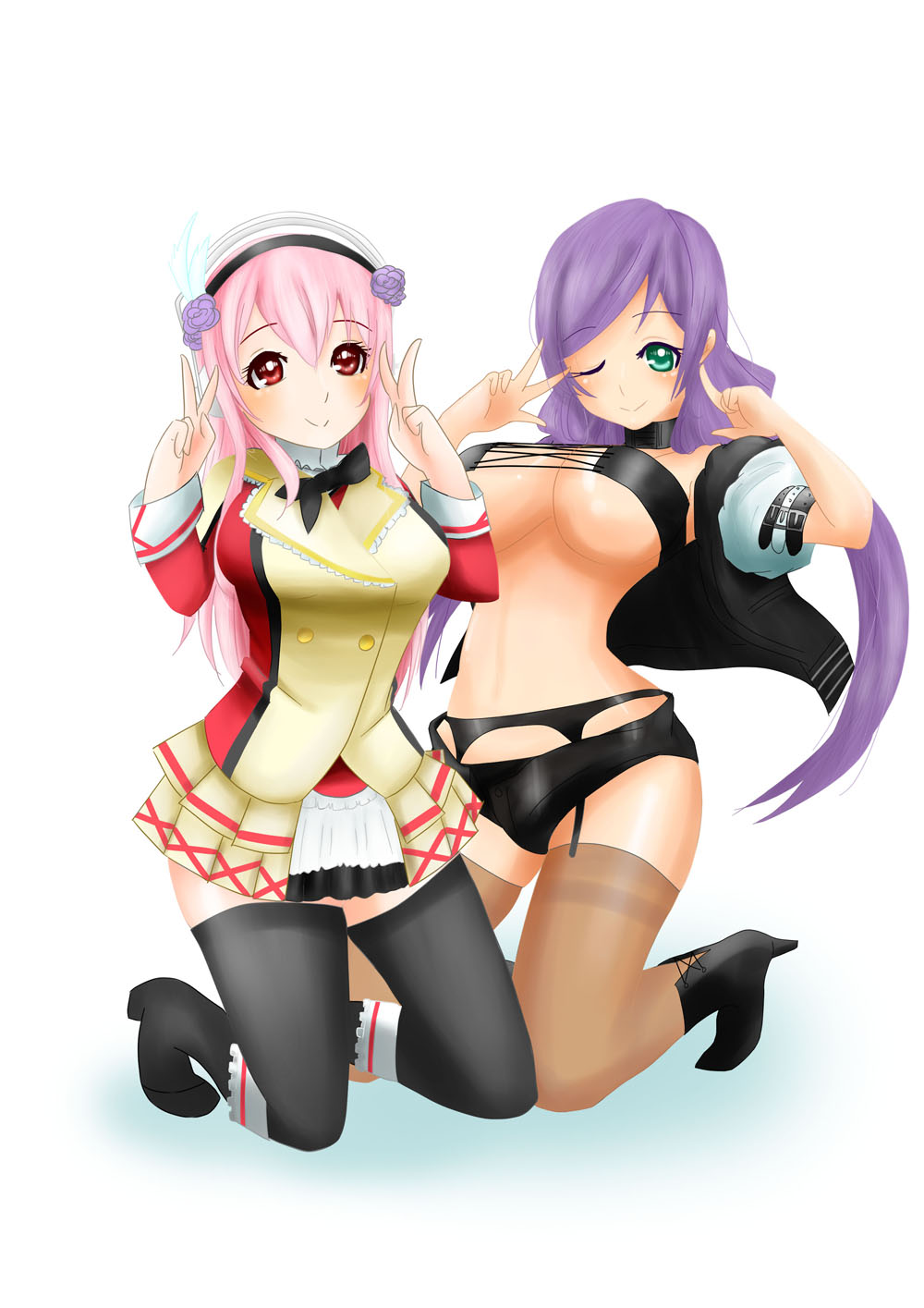 2girls blush breasts cleavage cosplay costume_switch crossover double_v front-tie_top green_eyes headphones high_heels highres jacket large_breasts long_hair looking_at_viewer love_live!_school_idol_project multiple_girls nitroplus one_eye_closed pink_hair purple_hair red_eyes smile super_sonico super_sonico_(cosplay) toujou_nozomi toujou_nozomi_(cosplay) twintails unzipped v