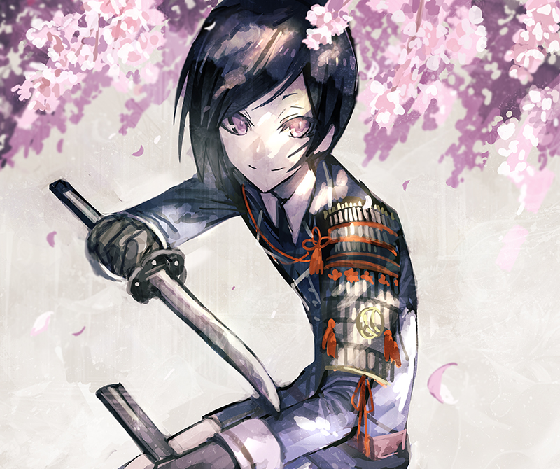 1boy 369minmin black_gloves black_hair bust cherry_blossoms double-breasted gloves looking_at_viewer male_focus military military_uniform necktie short_hair smile sode solo tantou touken_ranbu uniform violet_eyes yagen_toushirou