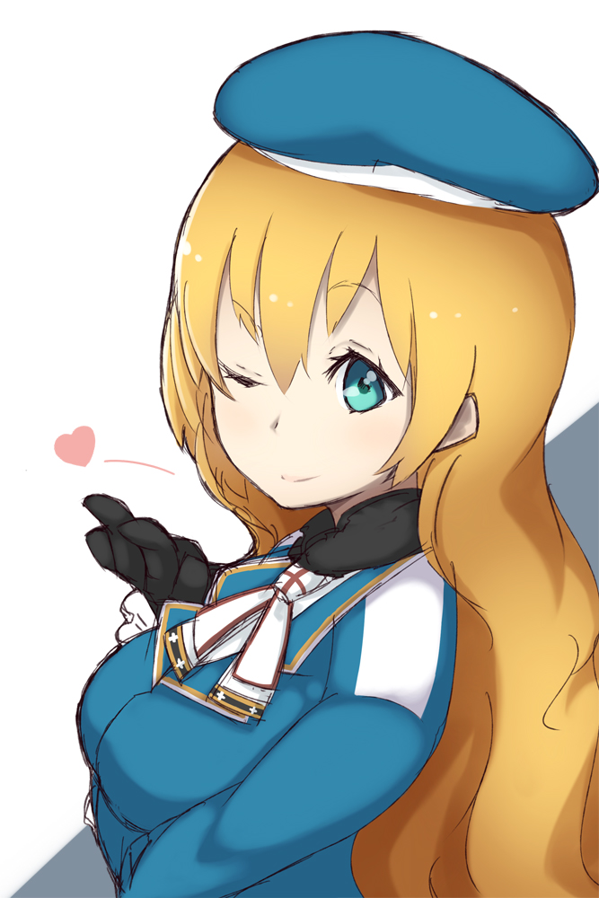 1girl atago_(kantai_collection) beret blonde_hair blue_eyes breast_hold bust gloves hat heart kantai_collection long_hair mku one_eye_closed white_background