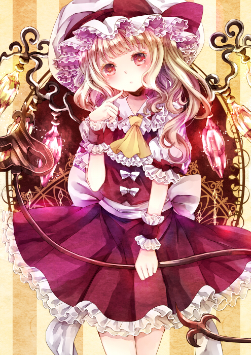 1girl ascot blonde_hair blush bow cowboy_shot flandre_scarlet frilled_skirt frills hat hat_bow holding jaku_sono laevatein looking_at_viewer mob_cap pleated_skirt red_eyes short_sleeves side_ponytail skirt skirt_set solo touhou vertical-striped_background wings yellow_background