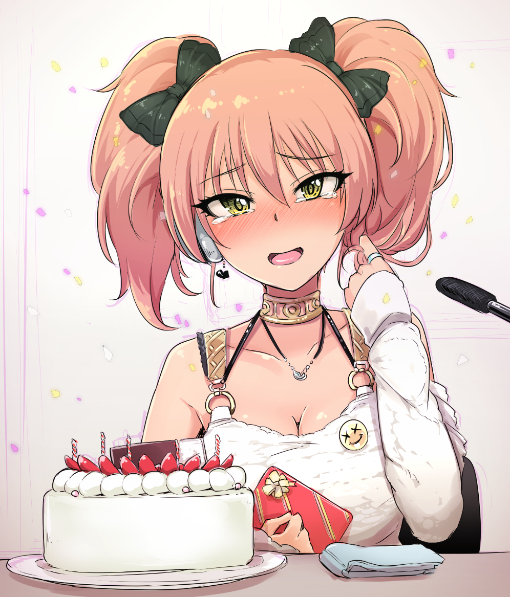 1girl birthday_cake blush bow breasts cake food fruit gift hair_bow idolmaster idolmaster_cinderella_girls jewelry jougasaki_mika long_hair looking_at_viewer microphone open_mouth pink_hair sian smile solo strawberry tearing_up tears twintails whipped_cream yellow_eyes