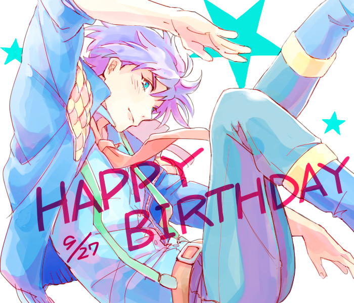 1boy blue_eyes boots dated happy_birthday jacket jojo_no_kimyou_na_bouken joseph_joestar_(young) kirikabu-yume necktie purple_hair solo star suspenders