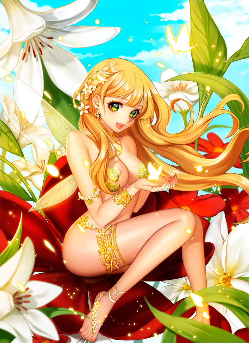 1girl anklet barefoot barefoot_sandals blonde_hair braid breasts butterfly cleavage fairy fairy_wings flower green_eyes hair_flower hair_ornament jewelry legs long_hair nail_polish original revision sitting sky smile solo toenail_polish wings