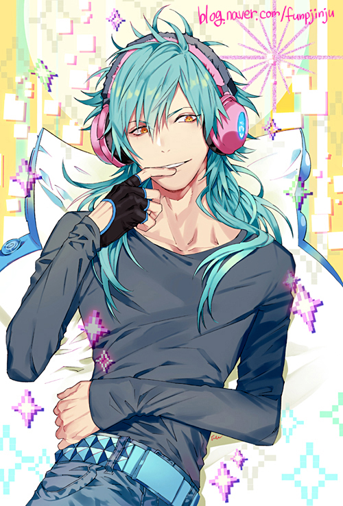 1boy blue_hair dramatical_murder finger_to_mouth fingerless_gloves funpjinju gloves headphones long_hair male_focus seragaki_aoba single_glove smile solo yellow_eyes