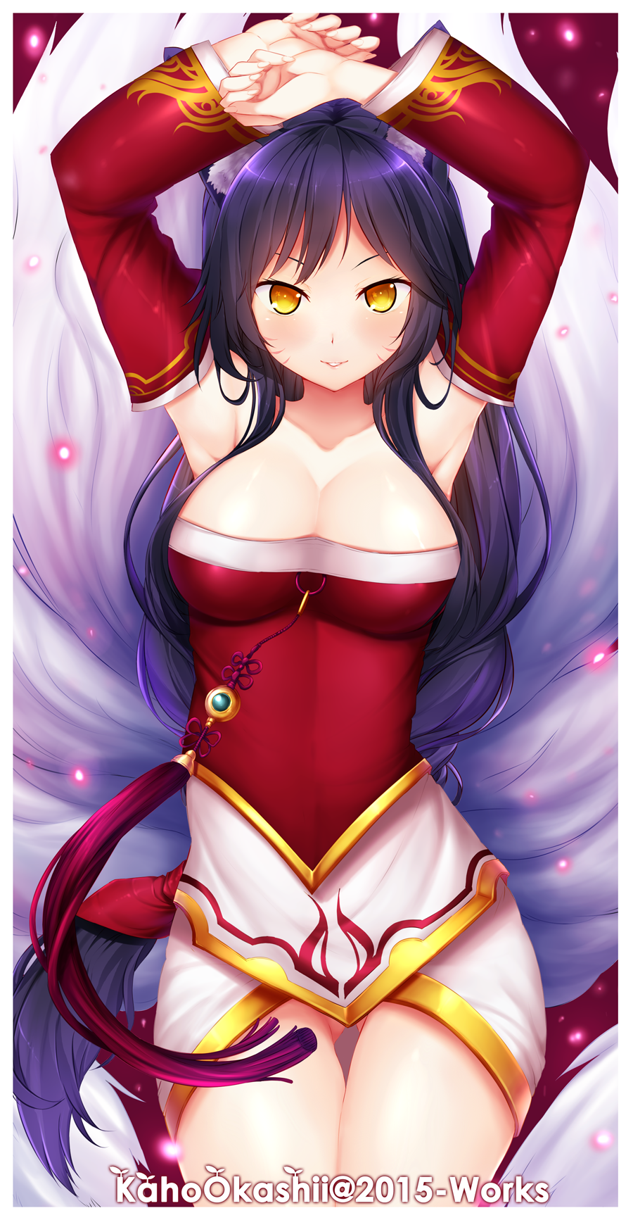 1girl ahri animal_ears armpits arms_up black_hair breasts cleavage detached_sleeves fox_ears fox_tail highres kaho_okashii league_of_legends long_hair looking_at_viewer solo tail whiskers yellow_eyes
