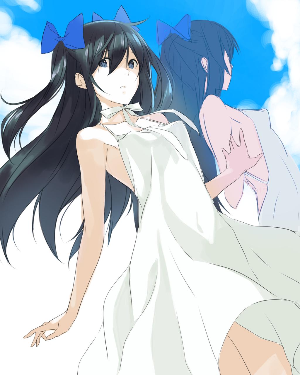 bare_shoulders black_hair blue_eyes character_request clouds dress highres kagetomo_midori reflection sky