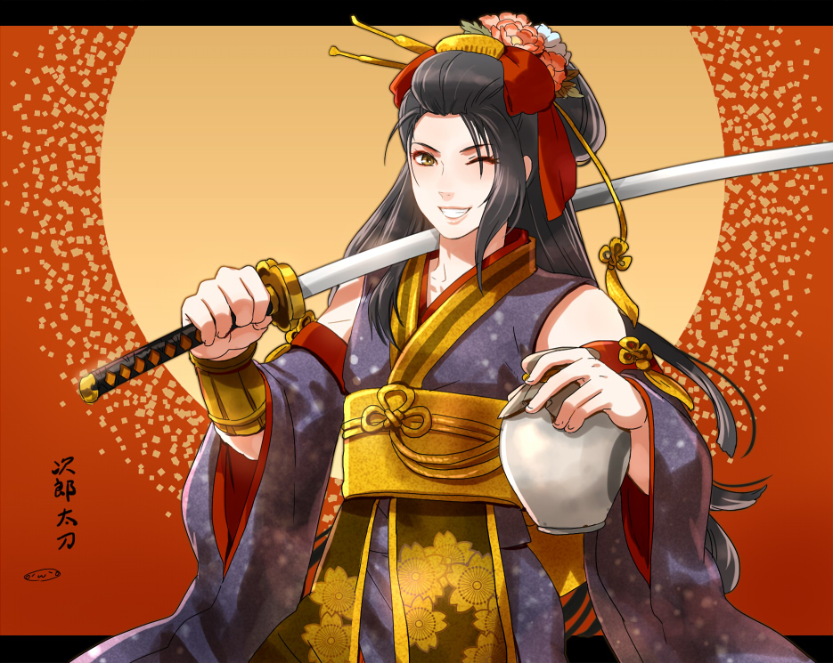 1boy androgynous black_hair character_name detached_sleeves flower grin hair_flower hair_ornament japanese_clothes jiroutachi letterboxed long_hair looking_at_viewer male_focus mizuhara_aki nodachi one_eye_closed outside_border smile solo sword touken_ranbu very_long_hair weapon yellow_eyes