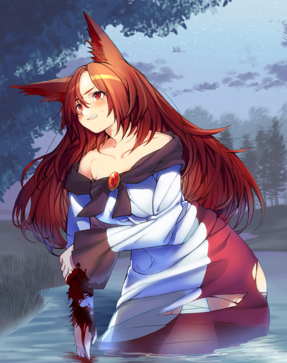 1girl animal_ears blood brooch brown_hair clenched_teeth dress highres imaizumi_kagerou injury jewelry long_hair night po._(medamaoyazi) red_eyes solo torn_clothes touhou tree water wolf_ears