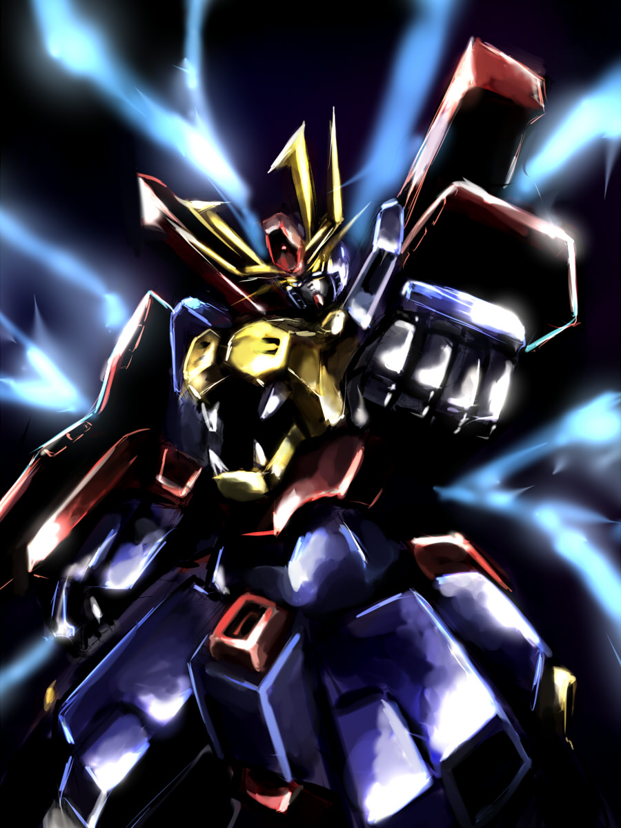 blue_eyes fangs gundam gundam_build_fighters gundam_build_fighters_try gundam_tryon_3 highres mecha no_humans open_mouth pose radical_red shield solo