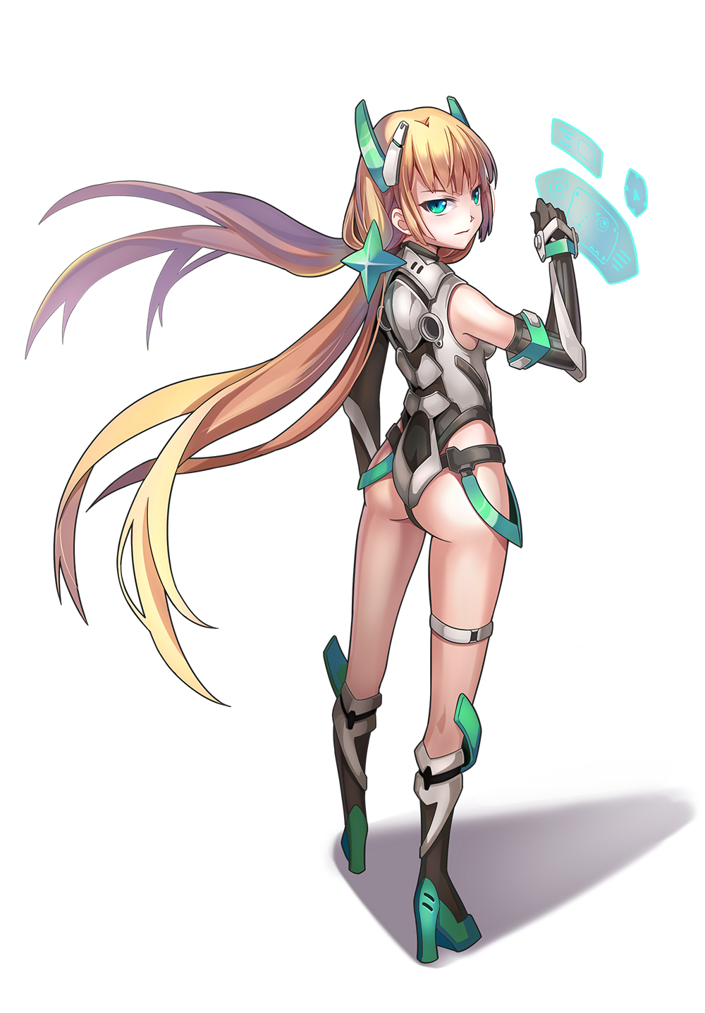 1girl angela_balzac ass elbow_gloves expelled_from_paradise gloves green_eyes headgear highres huazang legs leotard long_hair looking_at_viewer looking_back low_twintails simple_background solo twintails very_long_hair white_background