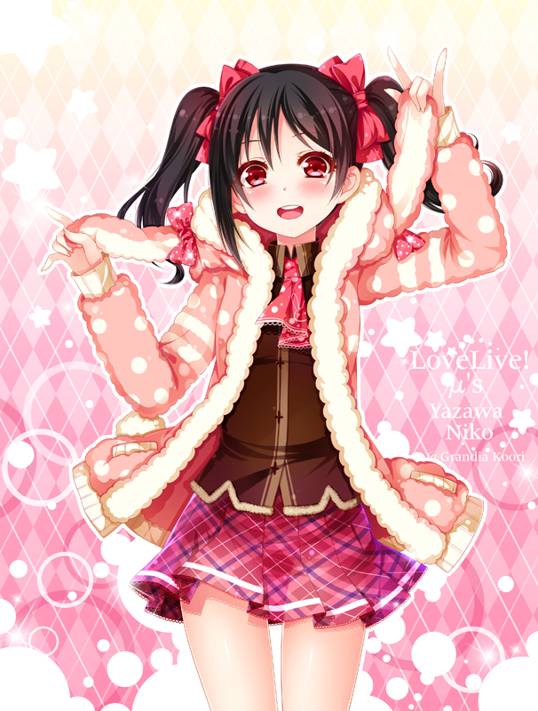 black_hair blush hoodie jacket long_hair love_live!_school_idol_project red_eyes smile tails twin yazawa_nico