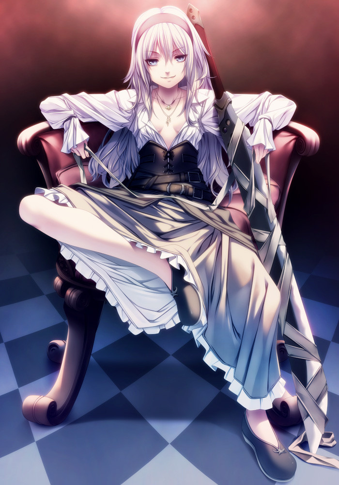 1girl belt blue_eyes breasts chair checkered checkered_floor cleavage collarbone corset dress fleur_de_lis frills hairband jewelry long_hair long_sleeves necklace original rezi ribbon shoes sitting smirk solo sword tagme tile_floor tiles weapon white_hair