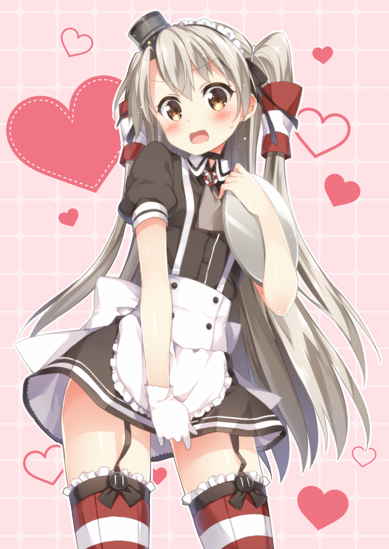 1girl adapted_costume alternate_costume amatsukaze_(kantai_collection) apron ascot blush choker cowboy_shot enmaided frilled_legwear gloves hair_tubes headgear heart kantai_collection looking_at_viewer maid maid_apron maid_headdress open_mouth puffy_short_sleeves puffy_sleeves red_legwear shima_(shima_je) short_sleeves silver_hair single_glove skirt skirt_tug solo striped striped_legwear thigh-highs tile_background tray two_side_up wavy_mouth white_gloves
