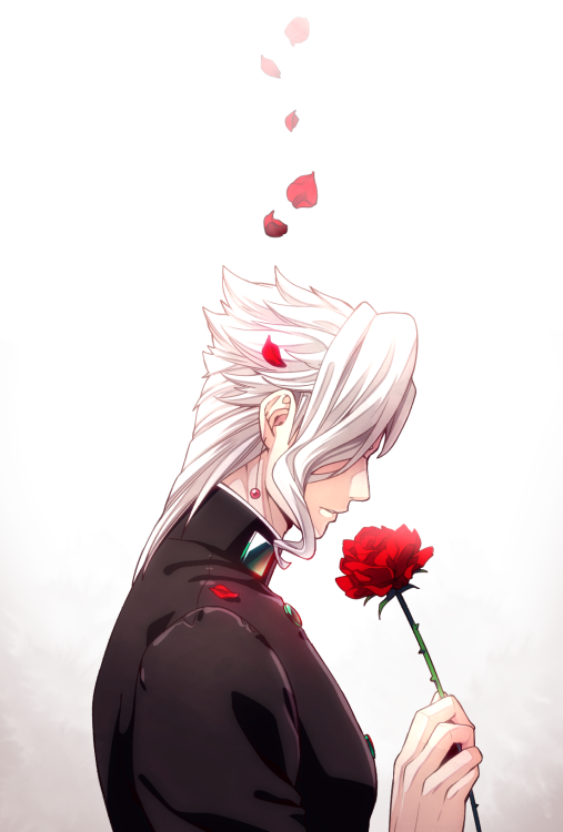 1boy flower gakuran jojo_no_kimyou_na_bouken kakyouin_noriaki moru palette_swap petals red_rose rose school_uniform solo white_hair
