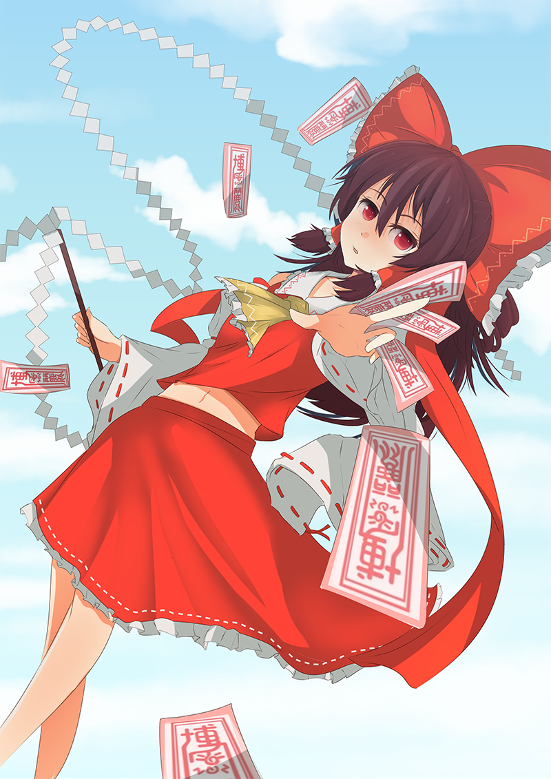 1girl ascot between_fingers blue_sky bow brown_hair clouds detached_sleeves frilled_bow frilled_collar gohei hair_bow hair_tubes hakurei_reimu long_hair looking_at_viewer midriff navel parted_lips ponytail red_eyes red_skirt ribbon-trimmed_skirt ribbon-trimmed_sleeves ribbon_trim salian skirt sky sleeveless solo talismans touhou