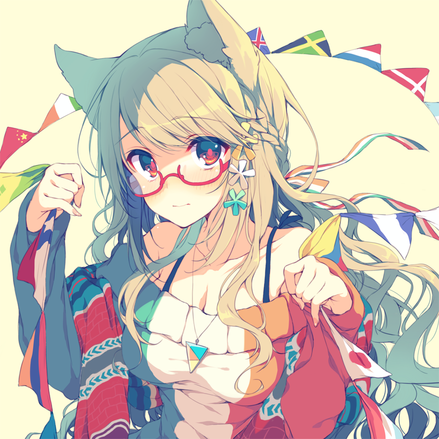 1girl animal_ears bare_shoulders blonde_hair blush breasts cleavage glasses jewelry long_hair looking_at_viewer necklace original red_eyes reia solo