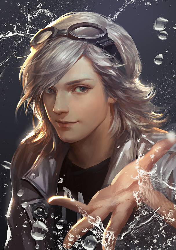1boy ash_(artist) brown_eyes cdash817 goggles goggles_on_head grey_hair grin jacket marvel pietro_maximoff quicksilver realistic silver_hair smile solo water_droplets x-men x-men:_days_of_future_past