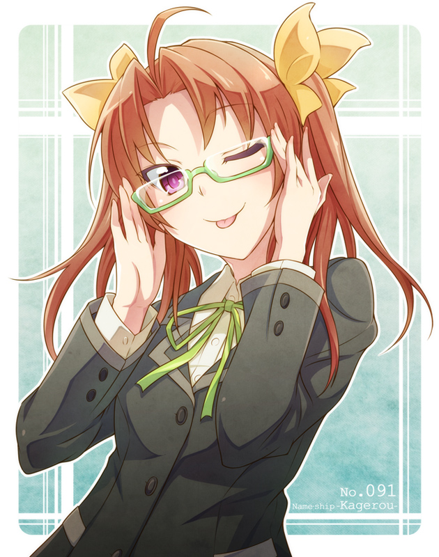 1girl :p adjusting_glasses ahoge alternate_costume bespectacled blazer brown_hair bust e20 glasses green-framed_glasses hair_ribbon kagerou_(kantai_collection) kantai_collection looking_at_viewer ribbon school_uniform semi-rimless_glasses solo tongue tongue_out twintails under-rim_glasses violet_eyes