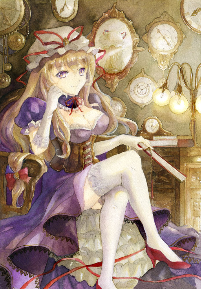 1girl adapted_costume blonde_hair book bow breasts choker cleavage clock closed_fan commentary_request corset crossed_legs different_reflection dress elbow_gloves fan folding_fan frilled_dress frills gloves gradient_eyes hair_bow hand_on_own_cheek high_heels keiko_(mitakarawa) lamp legs light long_hair mirror multicolored_eyes puffy_short_sleeves puffy_sleeves purple_dress red_shoes reflection ribbon ribbon_choker shoes short_sleeves solo thigh-highs thighs touhou violet_eyes white_gloves white_legwear yakumo_yukari yellow_eyes