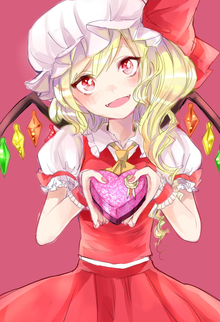 1girl :d blonde_hair chocolates fangs flandre_scarlet gift head_tilt heart-shaped_box looking_at_viewer mob_cap open_mouth red_eyes rosette_(roze-ko) side_ponytail skirt skirt_set smile solo touhou tsurime vest wings