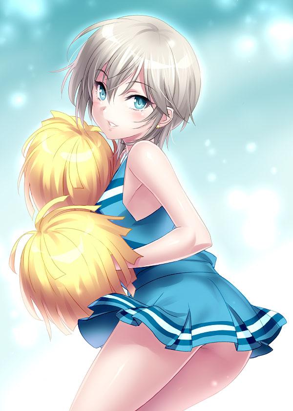 anastasia_(idolmaster) bare_shoulders blue_eyes cheerleader idolmaster idolmaster_cinderella_girls pom_poms silver_hair skirt zen