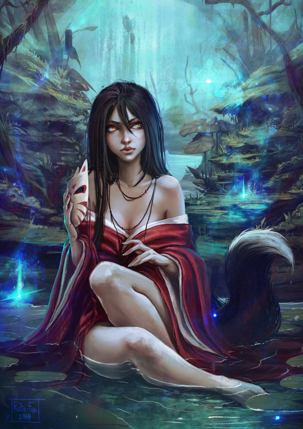 1girl 2014 bare_legs barefoot black_hair breasts cleavage collarbone eyelashes fingernails fox_mask fox_tail highres japanese_clothes jewelry kate-fox lily_pad lips long_hair looking_away mask mask_removed necklace off_shoulder original signature sitting solo tail tree wide_sleeves yellow_eyes