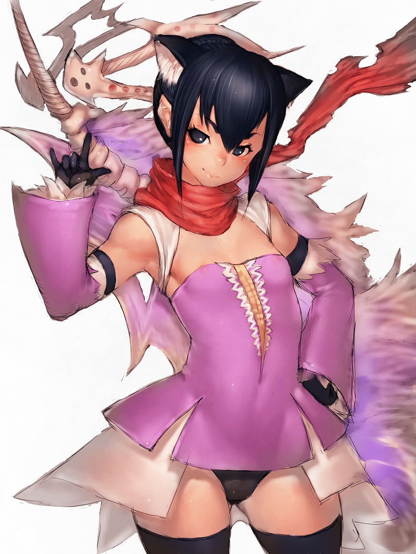 1girl animal_ears ares_sword black_eyes black_hair cat_ears flat_chest fumio_(rsqkr) looking_at_viewer phantasy_star phantasy_star_online_2 short_shorts shorts simple_background smile solo thigh-highs white_background