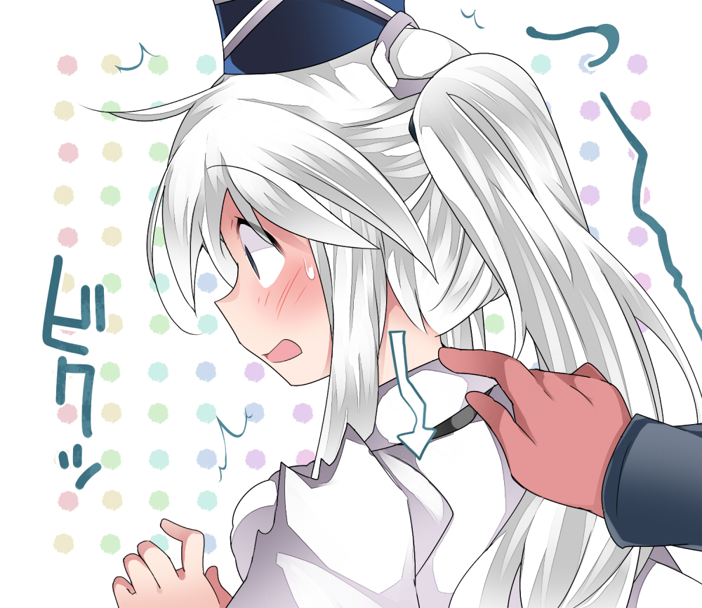 1girl blush commentary_request disembodied_limb from_behind hammer_(sunset_beach) hat mononobe_no_futo ponytail solo_focus surprised sweat tapping tate_eboshi touhou white_hair wide-eyed