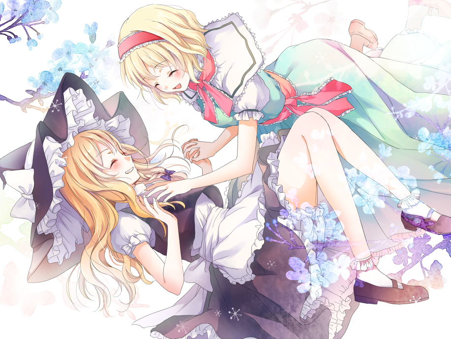 2girls alice_margatroid apron blonde_hair bobby_socks bow capelet closed_eyes dutch_angle hair_bow hairband hat hat_bow holding_hands interlocked_fingers kirisame_marisa knees_together_feet_apart long_hair mary_janes multiple_girls neck_ribbon open_mouth puffy_short_sleeves puffy_sleeves ribbon shoes short_hair short_sleeves smile socks touhou tree_branch waist_apron witch_hat yatomi