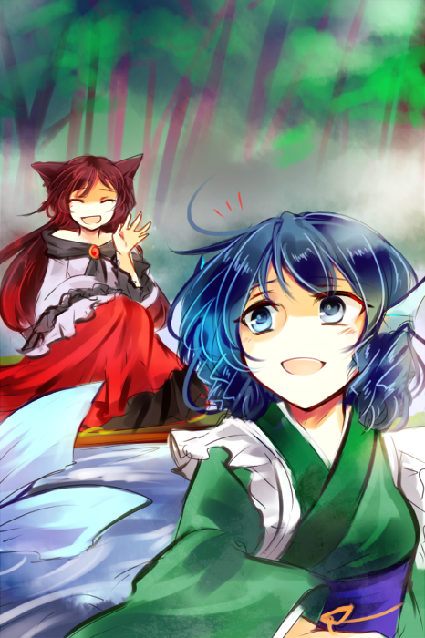 2girls animal_ears blue_eyes blue_hair brooch brown_hair check_translation closed_eyes commentary curly_hair dress imaizumi_kagerou japanese_clothes jewelry kimono kutsuki_kai lake long_hair long_sleeves looking_back mermaid mist monster_girl multiple_girls obi off_shoulder open_mouth red_dress sash smile squatting touhou translation_request tree wakasagihime water waving wide_sleeves wolf_ears